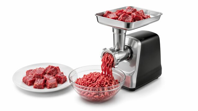 Modern electric meat grinder mincing fresh raw beef chunks into a glass bowl isolated on white background
