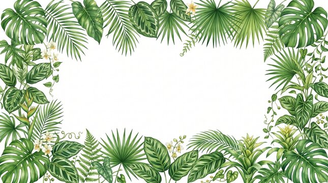 Beautiful watercolor frame made of green tropical palm leaves and exotic plants isolated on a white background design