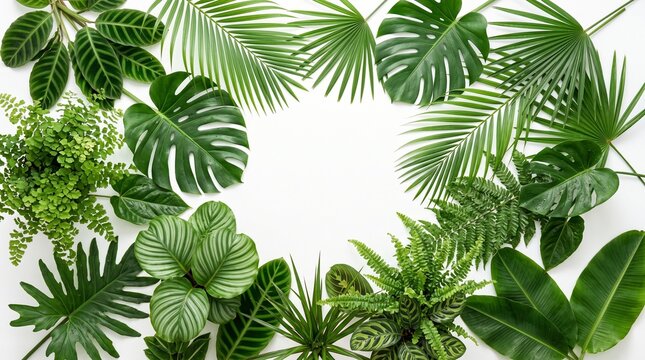 A flat lay composition of various tropical green leaves arranged around a central white square copy space area