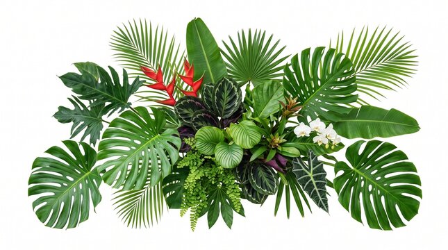 A lush tropical plant arrangement featuring monstera leaves and vibrant red flowers isolated on a clean white background