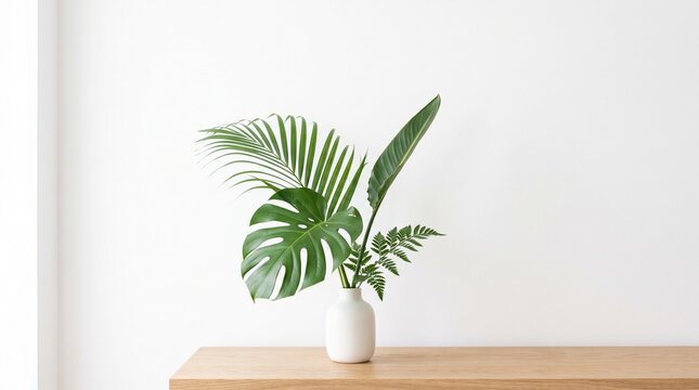 A beautiful tropical plant in a white vase sitting on a wooden table against a clean white wall