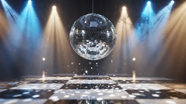 Empty dance floor with disco ball and stage lighting. Nightclub or party venue setup for entertainment and events.