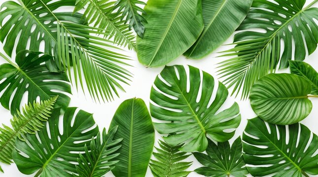 Top view of various tropical green leaves arranged on a white background creating a natural botanical flat lay