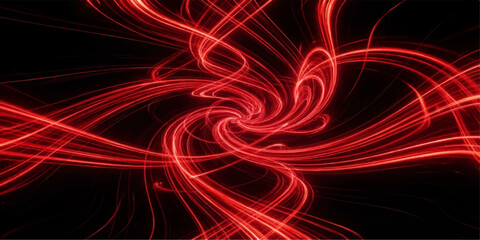Fototapeta premium Abstract Red Light Wave Background. Glowing flowing energy ribbons with dynamic swirling motion on a dark backdrop. Futuristic background for technology branding