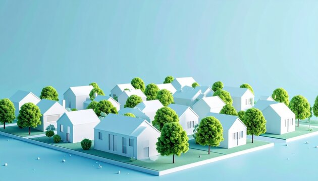 Clean 3D isometric architectural model of a white town on light blue background