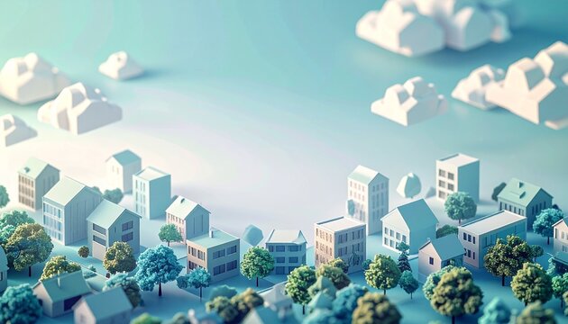 Clean 3D isometric architectural model of a white town on light blue background