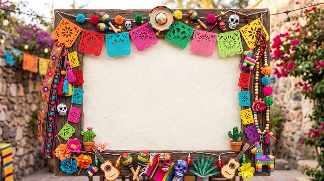 Day of the Dead wooden frame with Mexican festive decorations outdoors