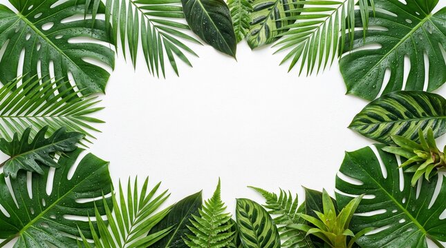 A beautiful frame made of assorted tropical green leaves isolated on a clean white background for creative design