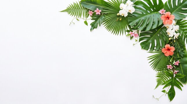 Corner border made of tropical green palm leaves and colorful hibiscus flowers isolated on a plain white background