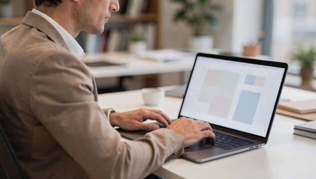 Focused medium shot of a professional reviewing AIgenerated plan recommendations on a laptop web portal the screen clear and the surrounding environment softly out of focus.