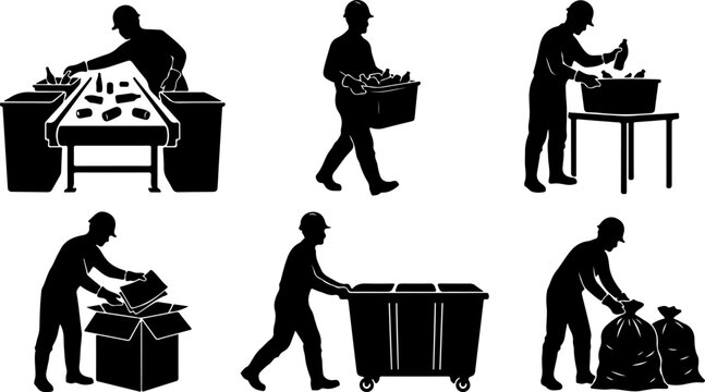 Set of silhouettes of workers engaged in waste sorting and recycling vector illustration