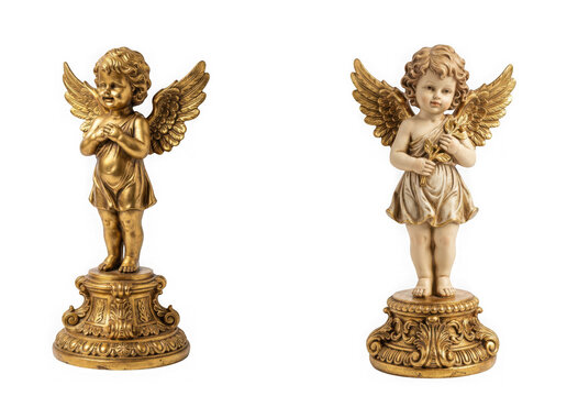Two golden angel figurines standing on ornate pedestals isolated on transparent background