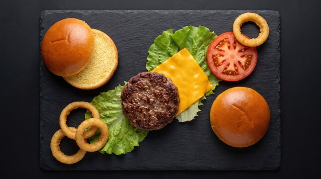 Fresh cheeseburger ingredients arranged on a black slate. Close-up of burger components for food presentation and recipe creation.