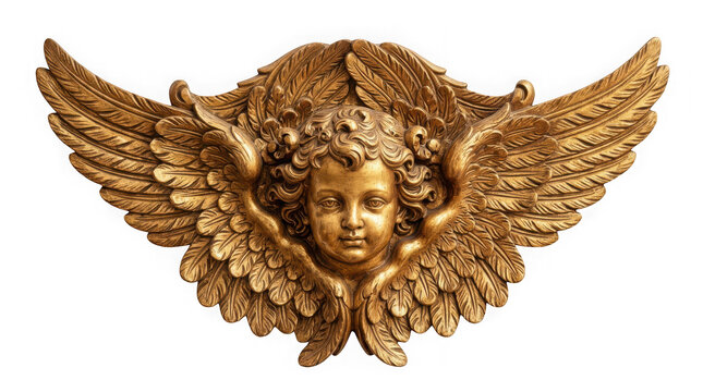Golden cherub angel head with large wings isolated on transparent background