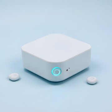 Remote care receiver hub with wireless health sensors on blue background