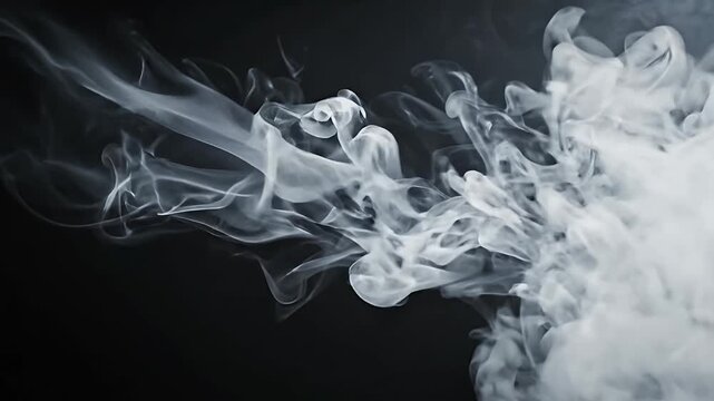 Dense white smoke plume floating on black background.