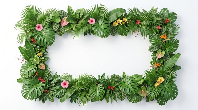 A rectangular frame made of lush green tropical leaves and vibrant exotic flowers isolated on a white background