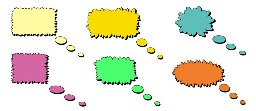 Colorful thought bubbles in various shapes and sizes with different colors showing ideas or concepts