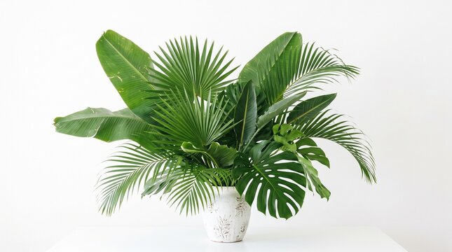 A lush arrangement of various tropical green leaves in a white ceramic vase against a clean white background