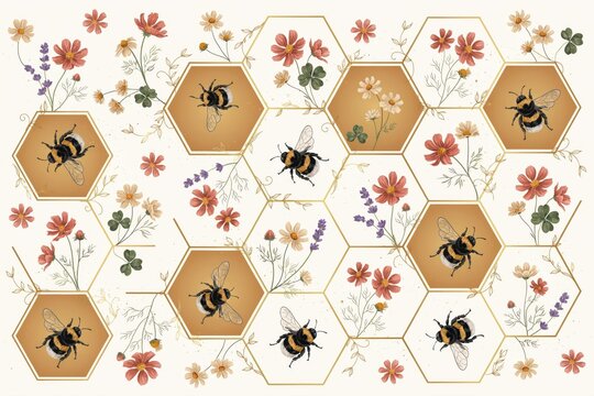 Seamless pattern featuring honeybees, golden hexagonal honeycomb shapes, and various wildflowers arranged on a light cream colored background
