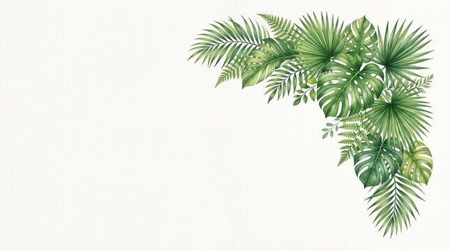 Decorative corner frame made of lush tropical palm leaves and green monstera foliage isolated on a white background