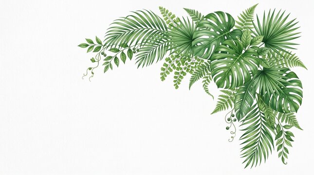 Watercolor illustration of a lush tropical plant corner frame with exotic green palm leaves on a white background