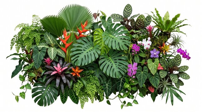 Lush vertical garden wall featuring vibrant tropical plants monstera leaves and colorful flowers isolated on a white background