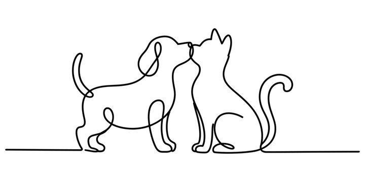 Continuous single line drawing of a cute dog and a lovely cat touching noses as best friends in a minimal art style Vector, illustration