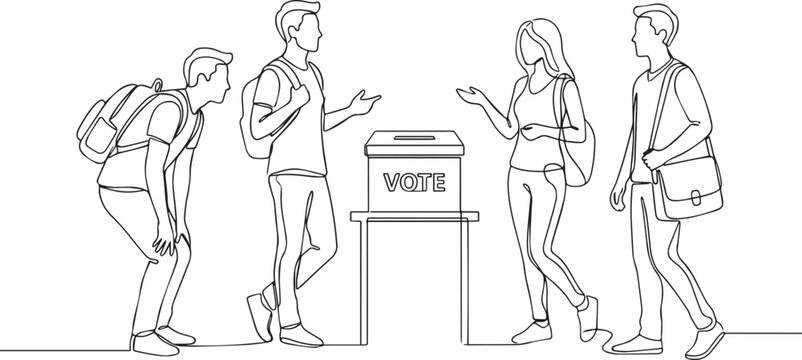 Continuous line drawing of students standing around a ballot box for voting us midterm elections