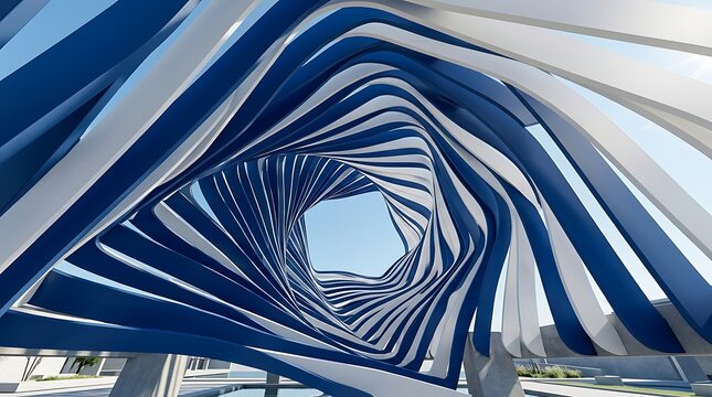 Abstract geometric tunnel structure featuring blue and white curved architectural ribs under clear skies