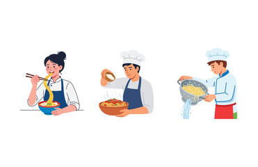 Vector set of cartoon chefs cooking and eating delicious food in the kitchen