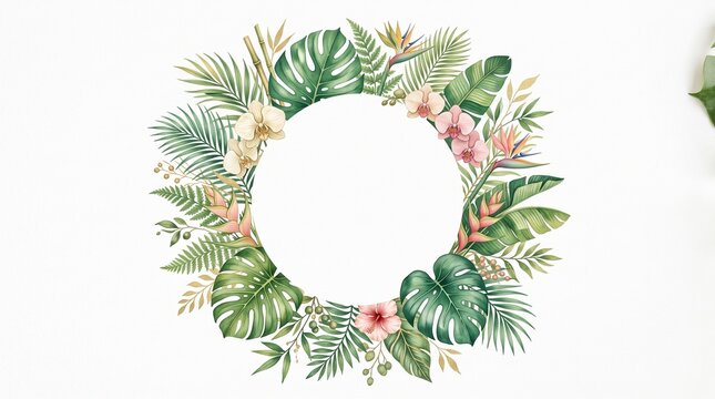 Watercolor tropical wreath with exotic green palm leaves and vibrant flowers isolated on a clean white background design