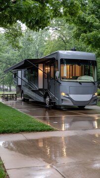 Large motorhome parked in a campground with extended slide out and awning on a damp, overcast day