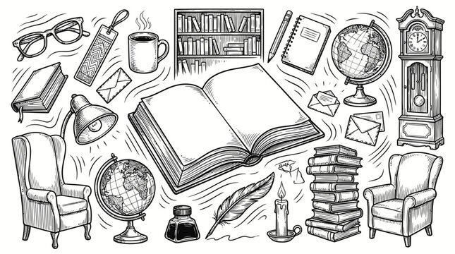Hand drawn library and reading room doodle set