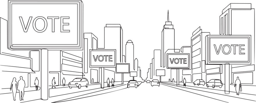 Continuous line drawing of city street with election vote billboards us midterm elections