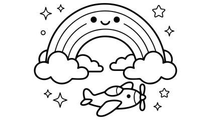 Little airplane flying under rainbow and clouds line art illustration with airplane aviation coloring monochrome children childhood