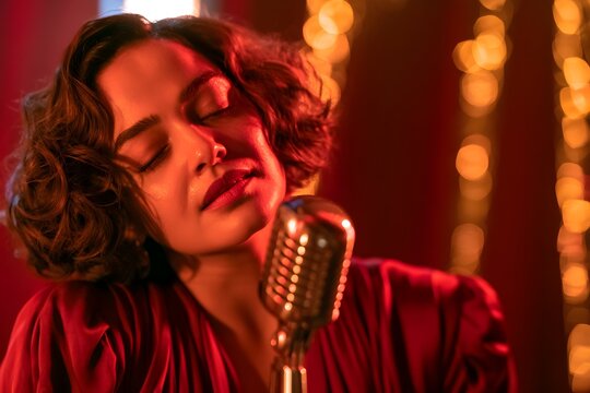 Vintage jazz singer with classic microphone. Elegant woman performing in red stage lighting. Retro lounge vocalist with bokeh background.
