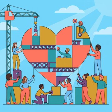 Diverse team building a giant heart together illustration