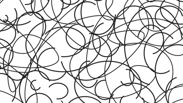 Abstract Black Curved Lines Moving Across  White Background, Chaotic Hand Drawn Scribble Pattern For Confusion, Creativity, Stress, Complexity, And Artistic Motion.