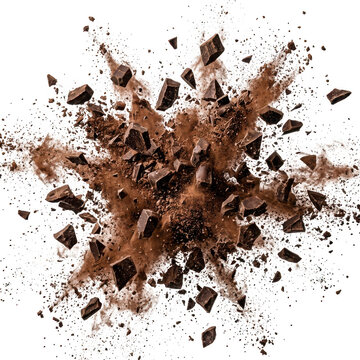 Explosion of dark chocolate chunks and cocoa powder isolated on transparent background