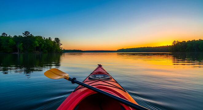 Kayaking on calm lake at sunset vibrant sky reflection in water peaceful outdoor adventure travel.