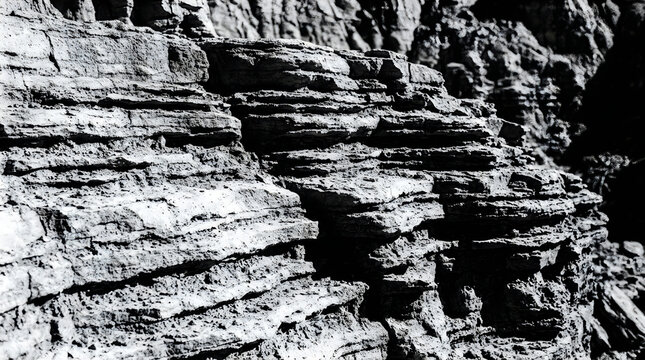 Black and white close up detail of layered sedimentary rock formations on a rugged mountain cliff face