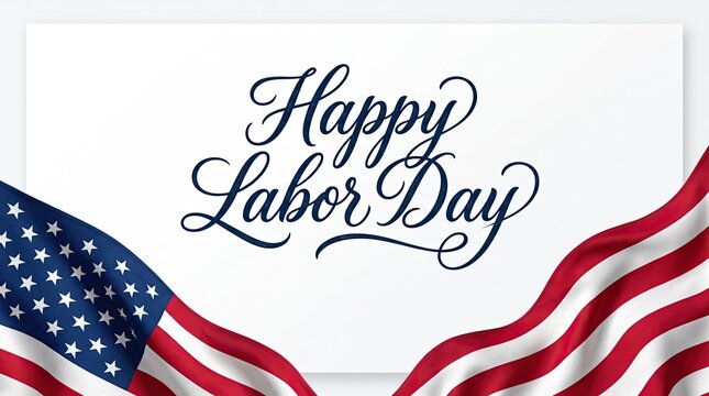 Happy labor day greeting card design with elegant calligraphy text and waving united states of america flag
