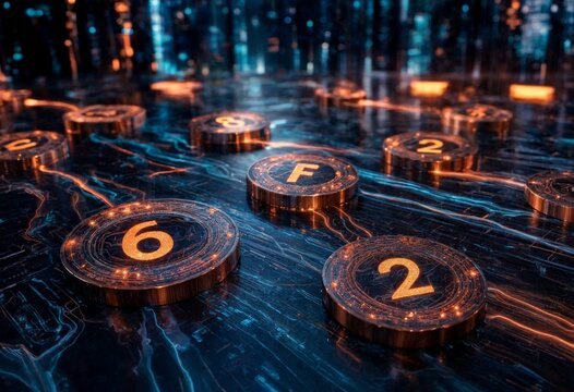 Metallic tokens with alphanumeric characters on glowing blue electronic circuit background.