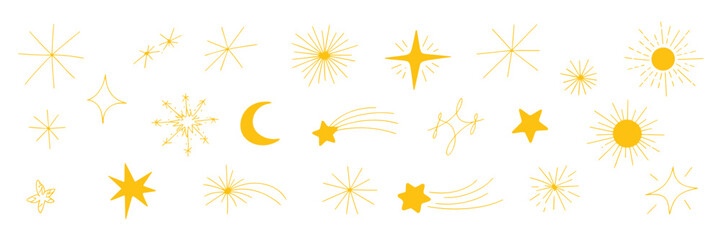 Collection of hand-drawn yellow celestial including various star shapes, radiant suns, a crescent moon, and comets on a white background © Bappy
