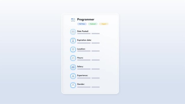 Job posting card UI animation for programmer hiring seamless loop