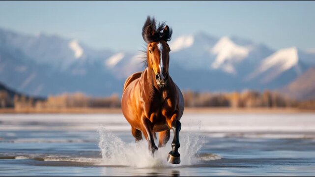 Majestic brown horse galloping through a frozen lake with snowy mountains in the background