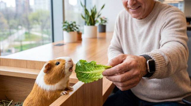 Person hand-feeding fresh romaine lettuce to eager guinea pig indoors