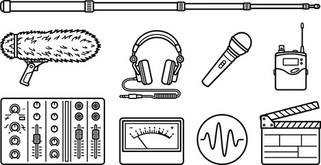 Professional Audio Recording and Filmmaking Line Icon Set with Boom Microphone, Headphones, Sound Mixer, Audio Level Meter, and Movie Clapperboard Symbols © Lipy
