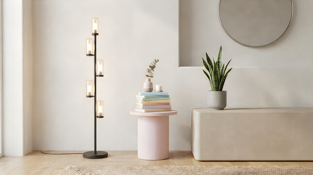 Modern minimalist bathroom shelf with books, vase, and plant next to freestanding bathtub